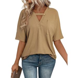 imageEVALESS Womens Summer Tops V Neck Short Sleeve Solid Loose Dressy Casual Basic T Shirts Tee BlousesParchment