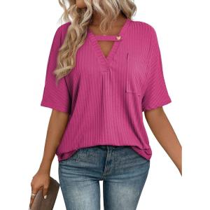 imageEVALESS Womens Summer Tops V Neck Short Sleeve Solid Loose Dressy Casual Basic T Shirts Tee BlousesRose Red