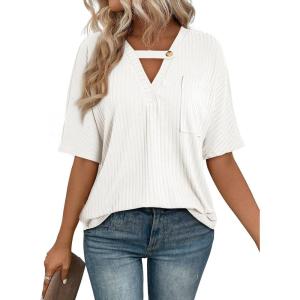 imageEVALESS Womens Summer Tops V Neck Short Sleeve Solid Loose Dressy Casual Basic T Shirts Tee BlousesWhite
