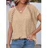 imageEVALESS Womens Fashion Oversized Summer Tops Casual Short Sleeve V Neck Lace Patchwork Shirts 2025 Basic TShirts Tee BlousesE Apricot