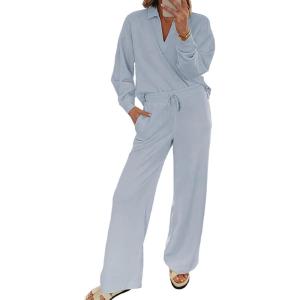 imageEVALESS Two Piece Sets for Women Lounge Sets V Neck Sweatshirt Wide Leg Sweatpants Women OutfitsBeau Blue