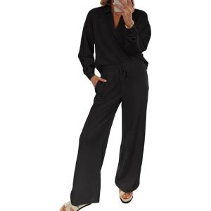 imageEVALESS Two Piece Sets for Women Lounge Sets V Neck Sweatshirt Wide Leg Sweatpants Women OutfitsBlack