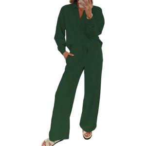 imageEVALESS Two Piece Sets for Women Lounge Sets V Neck Sweatshirt Wide Leg Sweatpants Women OutfitsBlackish Green