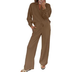 imageEVALESS Two Piece Sets for Women Lounge Sets V Neck Sweatshirt Wide Leg Sweatpants Women OutfitsCoffee