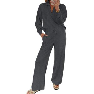 imageEVALESS Two Piece Sets for Women Lounge Sets V Neck Sweatshirt Wide Leg Sweatpants Women OutfitsDark Grey