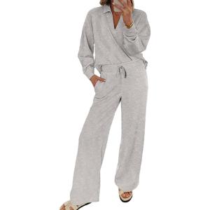 imageEVALESS Two Piece Sets for Women Lounge Sets V Neck Sweatshirt Wide Leg Sweatpants Women OutfitsGray
