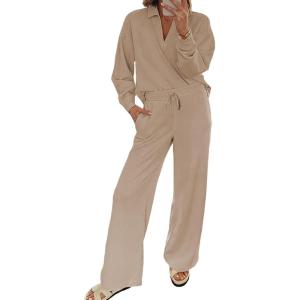 imageEVALESS Two Piece Sets for Women Lounge Sets V Neck Sweatshirt Wide Leg Sweatpants Women OutfitsKhaki