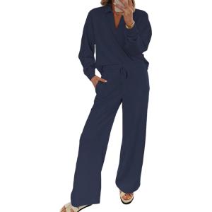imageEVALESS Two Piece Sets for Women Lounge Sets V Neck Sweatshirt Wide Leg Sweatpants Women OutfitsNavy Blue