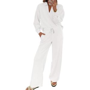 imageEVALESS Two Piece Sets for Women Lounge Sets V Neck Sweatshirt Wide Leg Sweatpants Women OutfitsWhite