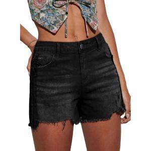 imageEVALESS Womens Denim Shorts High Waisted Stretchy Ripped Distressed Frayed Raw Hem Jeans ShortsBlack