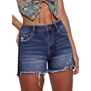imageEVALESS Womens Denim Shorts High Waisted Stretchy Ripped Distressed Frayed Raw Hem Jeans ShortsDark Blue