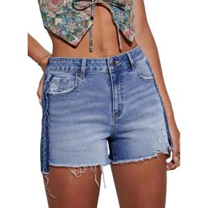 imageEVALESS Womens Denim Shorts High Waisted Stretchy Ripped Distressed Frayed Raw Hem Jeans ShortsIceland Blue