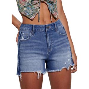 imageEVALESS Womens Denim Shorts High Waisted Stretchy Ripped Distressed Frayed Raw Hem Jeans ShortsLight Blue
