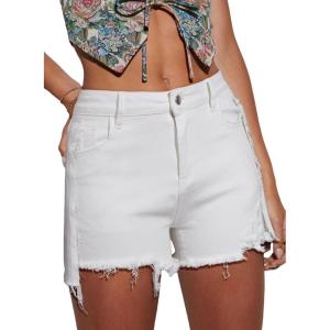 imageEVALESS Womens Denim Shorts High Waisted Stretchy Ripped Distressed Frayed Raw Hem Jeans ShortsWhite