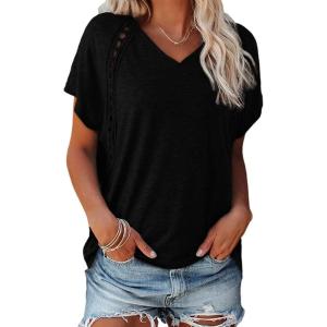 imageEVALESS Womens Fashion Oversized Summer Tops Casual Short Sleeve V Neck Lace Patchwork Shirts 2025 Basic TShirts Tee BlousesB Black