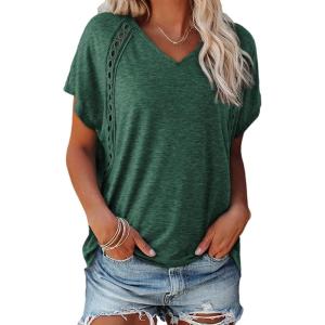 imageEVALESS Womens Fashion Oversized Summer Tops Casual Short Sleeve V Neck Lace Patchwork Shirts 2025 Basic TShirts Tee BlousesB Green