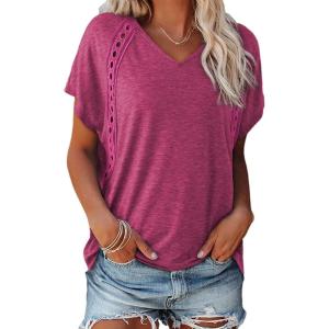 imageEVALESS Womens Fashion Oversized Summer Tops Casual Short Sleeve V Neck Lace Patchwork Shirts 2025 Basic TShirts Tee BlousesB Rose