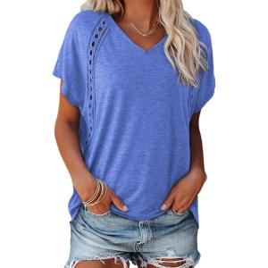 imageEVALESS Womens Fashion Oversized Summer Tops Casual Short Sleeve V Neck Lace Patchwork Shirts 2025 Basic TShirts Tee BlousesB Sky Blue