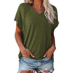imageEVALESS Womens Fashion Oversized Summer Tops Casual Short Sleeve V Neck Lace Patchwork Shirts 2025 Basic TShirts Tee BlousesD Green