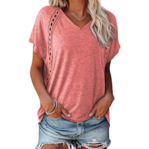imageEVALESS Womens Fashion Oversized Summer Tops Casual Short Sleeve V Neck Lace Patchwork Shirts 2025 Basic TShirts Tee BlousesD Pink