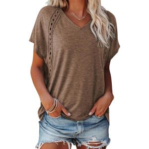 imageEVALESS Womens Fashion Oversized Summer Tops Casual Short Sleeve V Neck Lace Patchwork Shirts 2025 Basic TShirts Tee BlousesE Coffee
