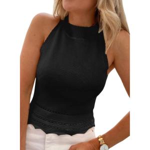 imageEVALESS Womens Tank Tops Summer Ribbed Knit Racerback High Neck Halter Crop Tops Blouses Sleeveless Slim Basic Cami ShirtsBlack