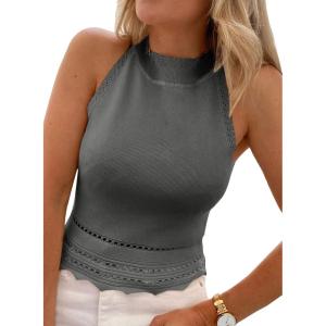 imageEVALESS Womens Tank Tops Summer Ribbed Knit Racerback High Neck Halter Crop Tops Blouses Sleeveless Slim Basic Cami ShirtsGray
