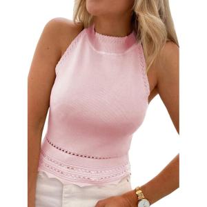 imageEVALESS Womens Tank Tops Summer Ribbed Knit Racerback High Neck Halter Crop Tops Blouses Sleeveless Slim Basic Cami ShirtsLight Pink