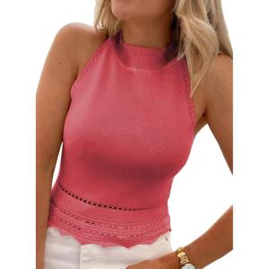 imageEVALESS Womens Tank Tops Summer Ribbed Knit Racerback High Neck Halter Crop Tops Blouses Sleeveless Slim Basic Cami ShirtsRose Red