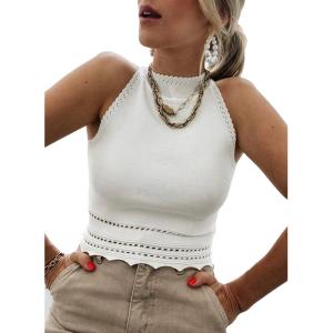 imageEVALESS Womens Tank Tops Summer Ribbed Knit Racerback High Neck Halter Crop Tops Blouses Sleeveless Slim Basic Cami ShirtsWhite