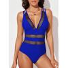 imageEVALESS One Piece Swimsuit Women Tummy Control Sexy Mesh V Neck Swimwear Summer 2025 High Waisted Cross Back Bathing SuitsB2 Blue