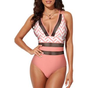 imageEVALESS One Piece Swimsuit Women Tummy Control Sexy Mesh V Neck Swimwear Summer 2025 High Waisted Cross Back Bathing SuitsB2 Pink