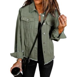 imageEVALESS Womens Boyfriend Washed Crop Denim Jean Jacket CoatGreen