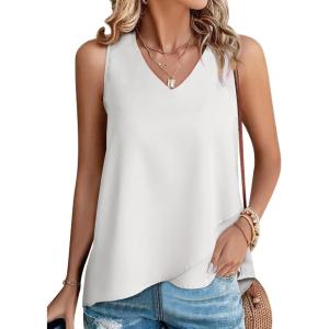 imageEVALESS Womens Tank Tops V Neck Dressy Casual Summer Flowy Sleeveless Camisole Chiffon Blouses Basic ShirtsWhite
