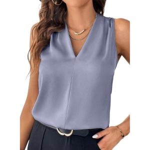 imageEVALESS Womens Pleated Tank Tops V Neck Casual Sleeveless Blouses Summer Basic Vest ShirtBeau Blue