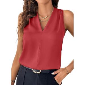 imageEVALESS Womens Pleated Tank Tops V Neck Casual Sleeveless Blouses Summer Basic Vest ShirtMineral Red