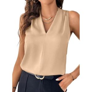 imageEVALESS Womens Pleated Tank Tops V Neck Casual Sleeveless Blouses Summer Basic Vest ShirtOatmeal