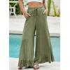 imageEVALESS Womens Wide Leg Pants Drawstring Elastic High Waisted Ruffle Hem Palazzo Pants with PocketsOlive Green