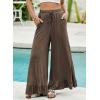 imageEVALESS Womens Wide Leg Pants Drawstring Elastic High Waisted Ruffle Hem Palazzo Pants with PocketsS Brown