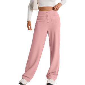 imageEVALESS Womens High Waist Button Stretchy Work Pants Straight Leg Office Dress Pant Business Casual Trousers with PocketRose Tan