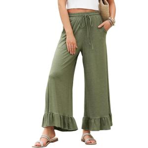 imageEVALESS Womens Wide Leg Pants Drawstring Elastic High Waisted Ruffle Hem Palazzo Pants with PocketsOlive Green