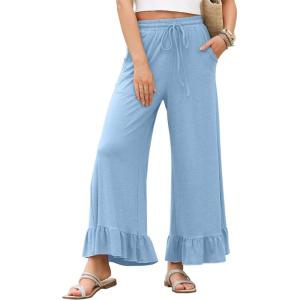 imageEVALESS Womens Wide Leg Pants Drawstring Elastic High Waisted Ruffle Hem Palazzo Pants with PocketsS Beau Blue