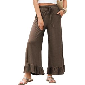 imageEVALESS Womens Wide Leg Pants Drawstring Elastic High Waisted Ruffle Hem Palazzo Pants with PocketsS Brown