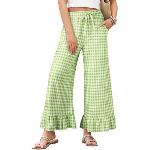 imageEVALESS Womens Wide Leg Pants Drawstring Elastic High Waisted Ruffle Hem Palazzo Pants with PocketsS Green