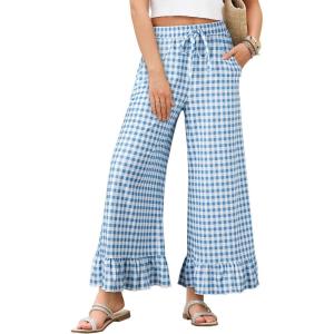imageEVALESS Womens Wide Leg Pants Drawstring Elastic High Waisted Ruffle Hem Palazzo Pants with PocketsSky Blue