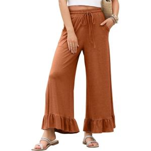 imageEVALESS Womens Wide Leg Pants Drawstring Elastic High Waisted Ruffle Hem Palazzo Pants with PocketsStraw Yellow