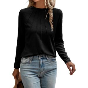 imageEVALESS Womens Casual Spring Summer Tops 2025 Trendy Crewneck Long Sleeve Shirts Basic T Shirts Loose Fit Pleated Tee BlousesBlack
