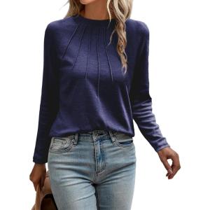 imageEVALESS Womens Casual Spring Summer Tops 2025 Trendy Crewneck Long Sleeve Shirts Basic T Shirts Loose Fit Pleated Tee BlousesNavy Blue