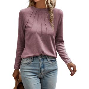 imageEVALESS Womens Casual Spring Summer Tops 2025 Trendy Crewneck Long Sleeve Shirts Basic T Shirts Loose Fit Pleated Tee BlousesRed