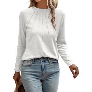 imageEVALESS Womens Casual Spring Summer Tops 2025 Trendy Crewneck Long Sleeve Shirts Basic T Shirts Loose Fit Pleated Tee BlousesWhite